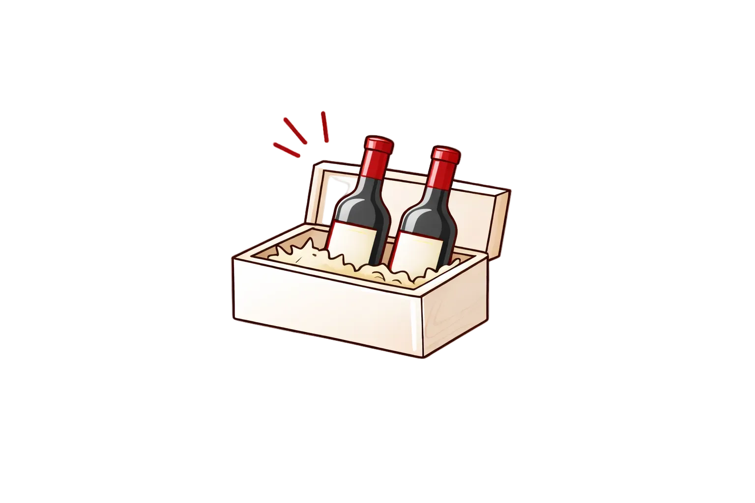 Illustration of two wine bottles in a box with a red label on a white background