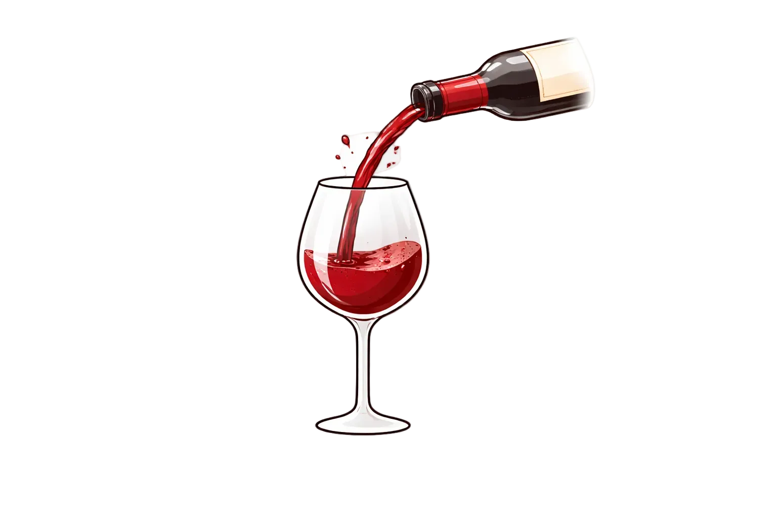 Red wine being poured from a bottle into a glass on a white background